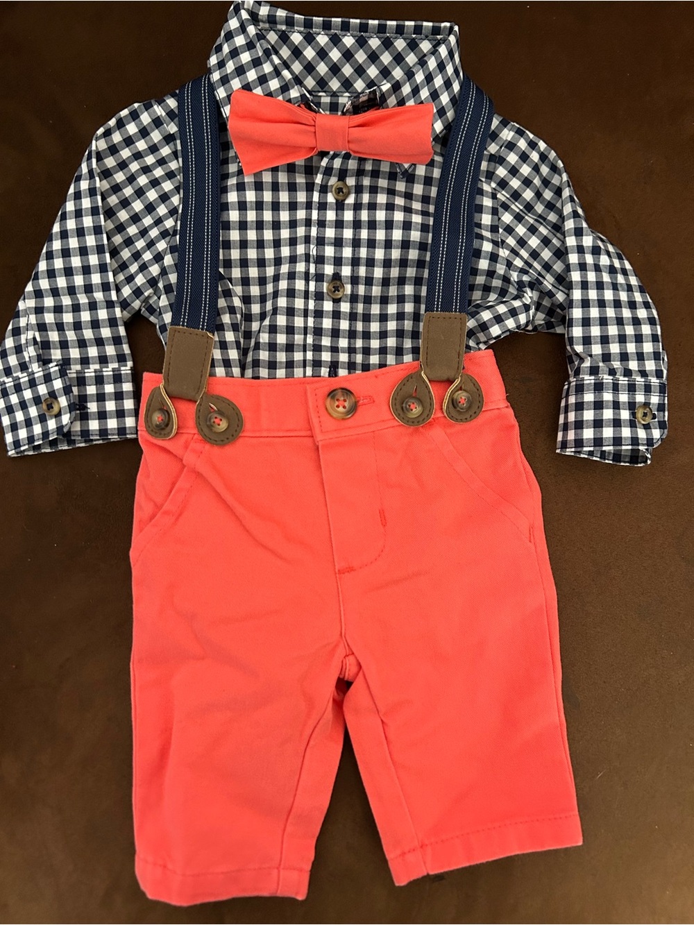Toddler Coral Bow Tie & Check Shirt Matching Set with Suspenders
